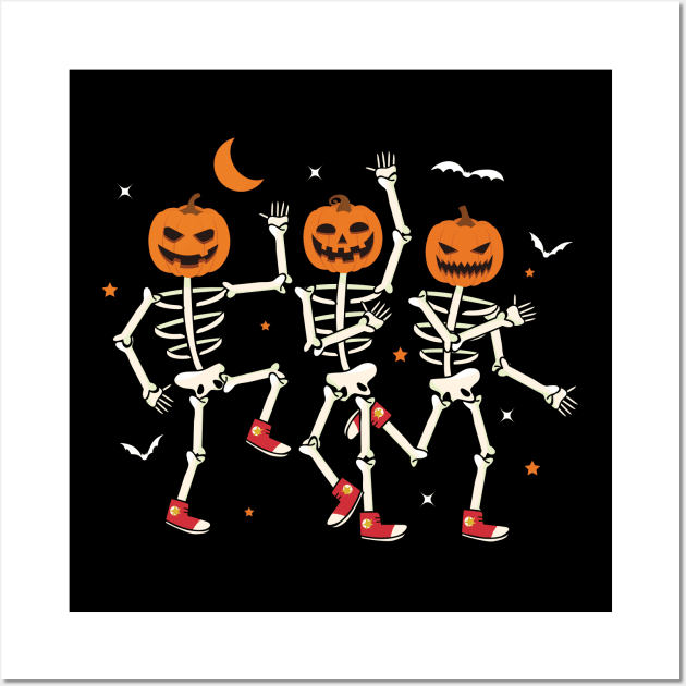 Dancing Skeleton Pumpkin Retro Halloween Spooky Pumpkin Face Wall Art by DonVector